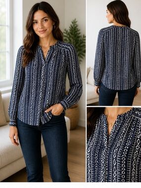 Tory Burch Navy White Print Silk Blouse Boho Workwear Size 4 EUC